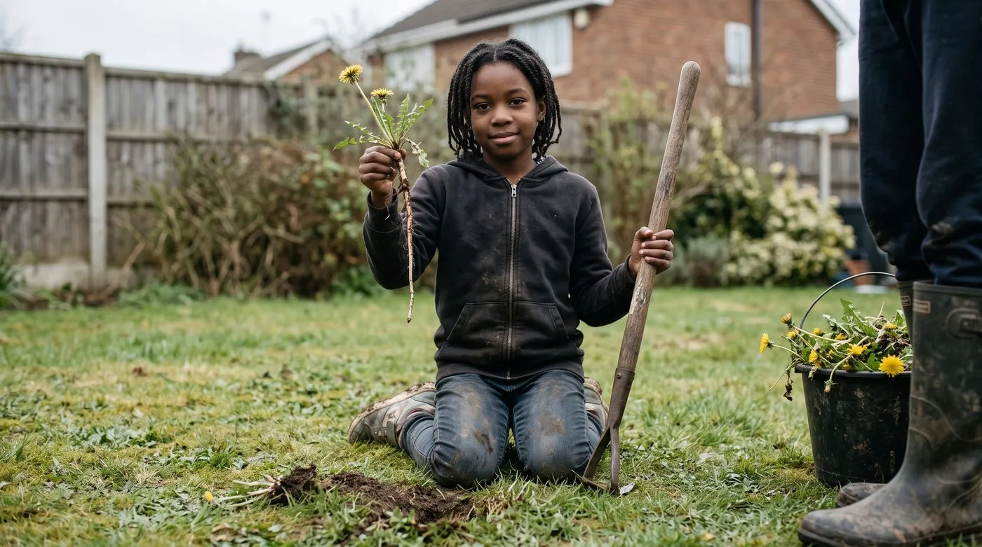 Girl holding up a dandelion lifted whole with its long tap root using a daisy grubber