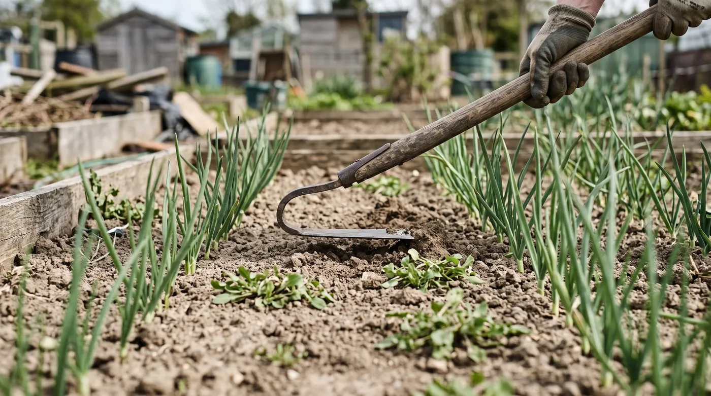 Dutch hoe slicing through chickweed and hairy bittercress seedlings between rows of onions