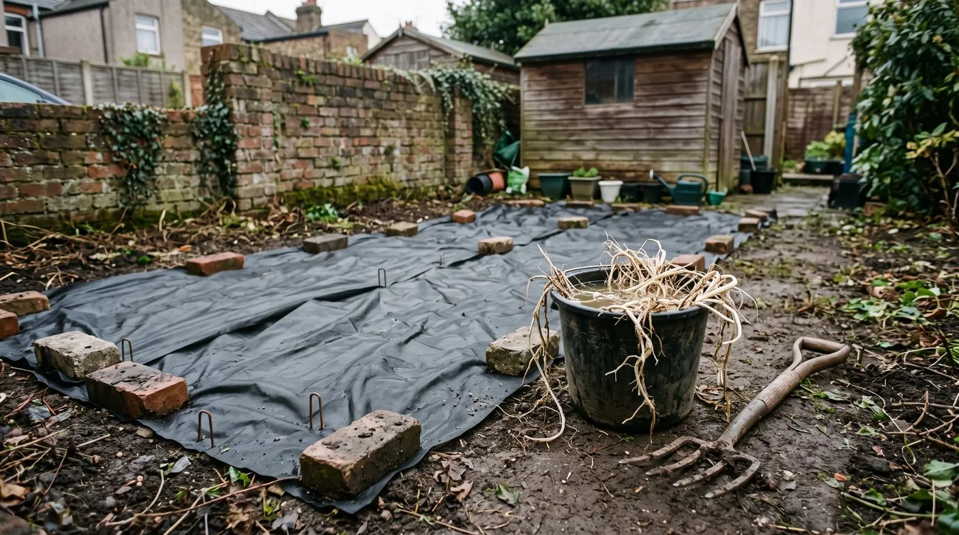 Black weed membrane pinned over cleared ground beside a bucket of bindweed roots soaking in water