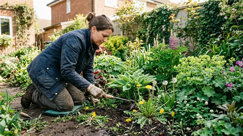 Organic weed control in a UK garden border using a hand hoe