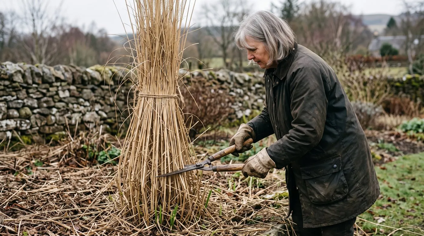 Woman cutting back a tied bundle of Miscanthus stems to 15cm in late winter