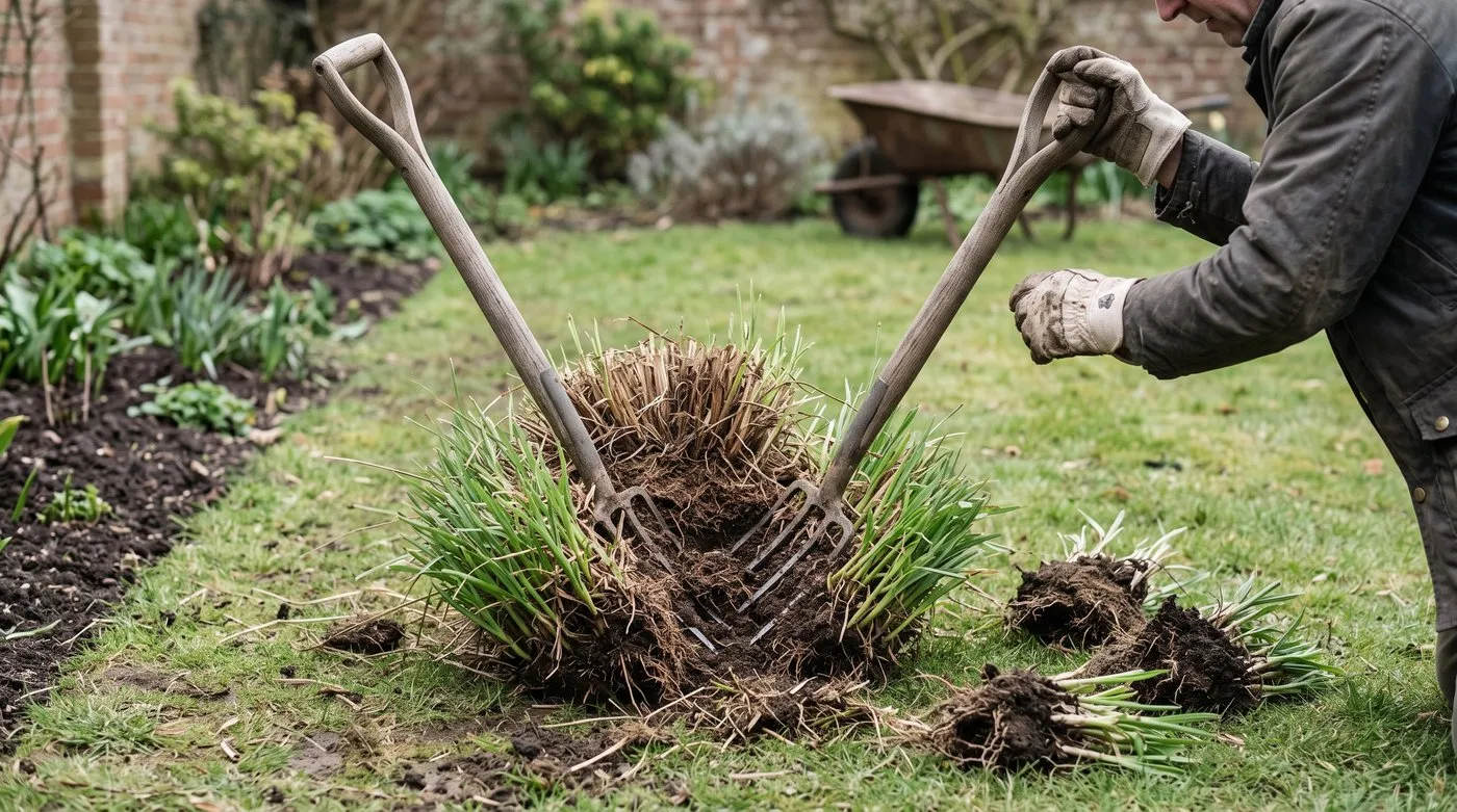 Lifted ornamental grass clump being split with two garden forks back to back