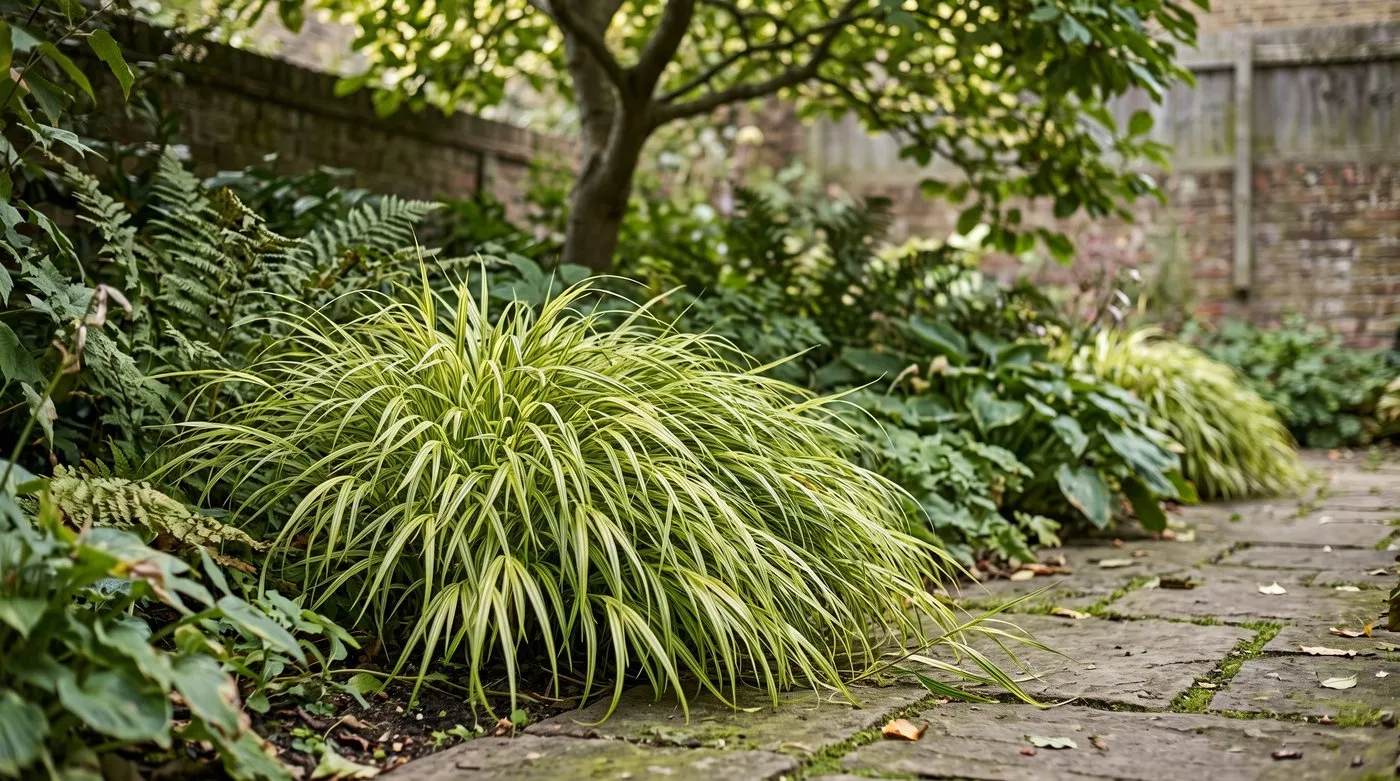 Golden Japanese forest grass, Hakonechloa macra 'Aureola', spilling over a shady path edge