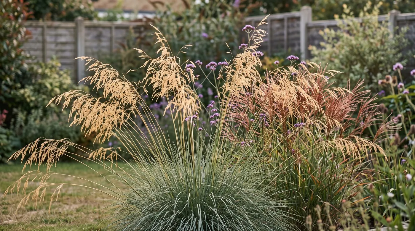 Stipa gigantea golden oat flower heads backlit by evening sun in a sunny UK border