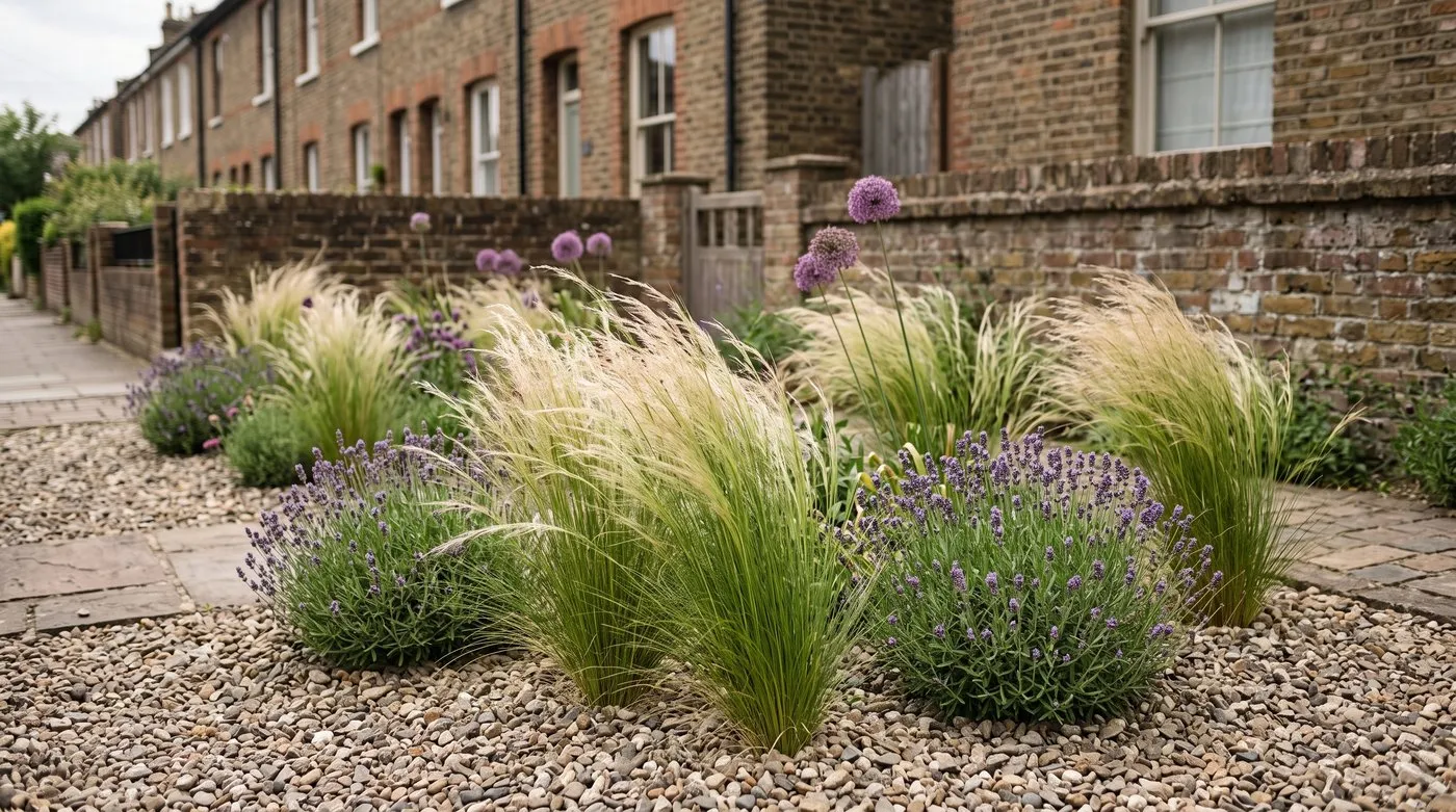 Mexican feather grass, Stipa tenuissima, swaying in a gravel front garden with lavender