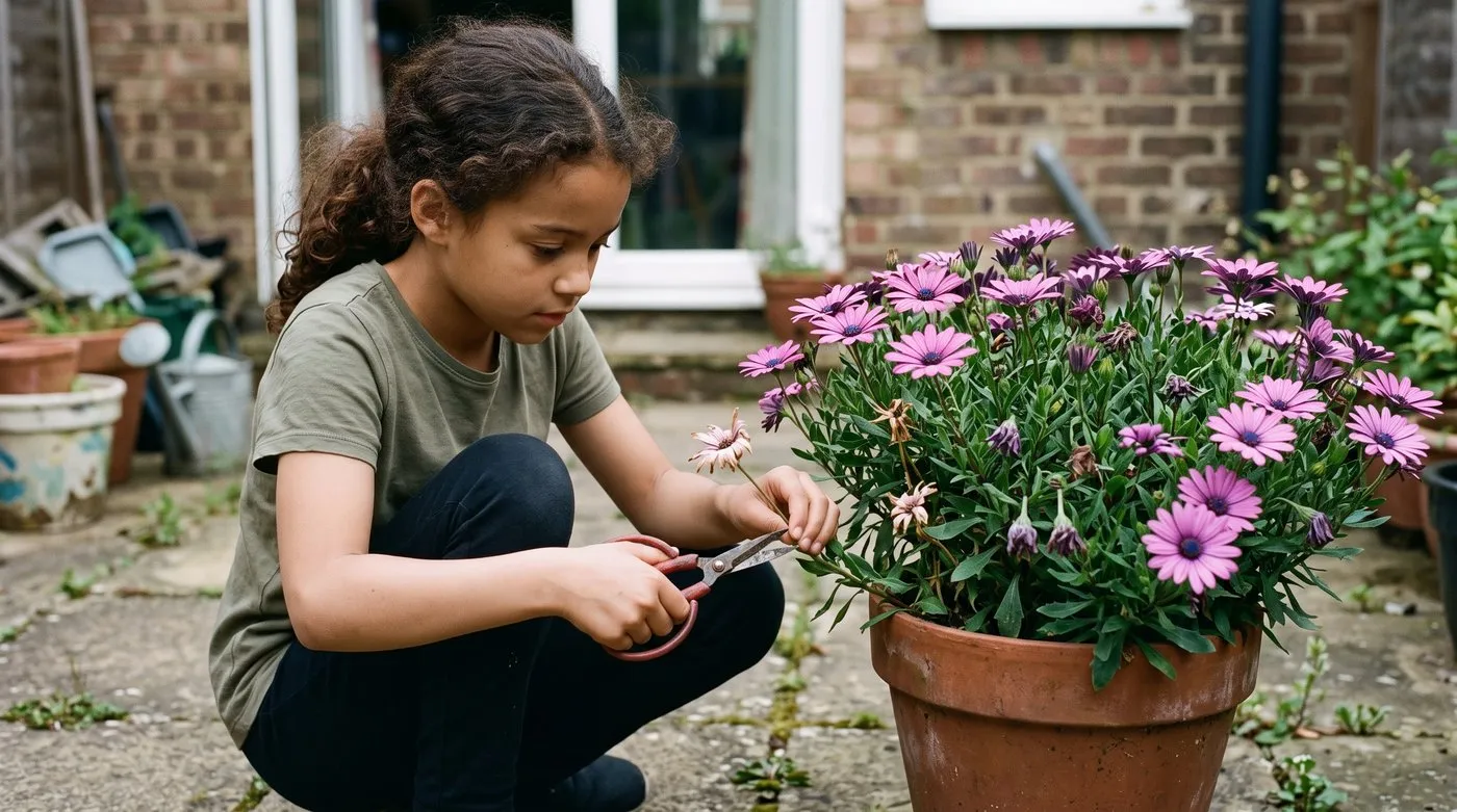 Girl deadheading faded flowers from a pot of purple osteospermum on a patio