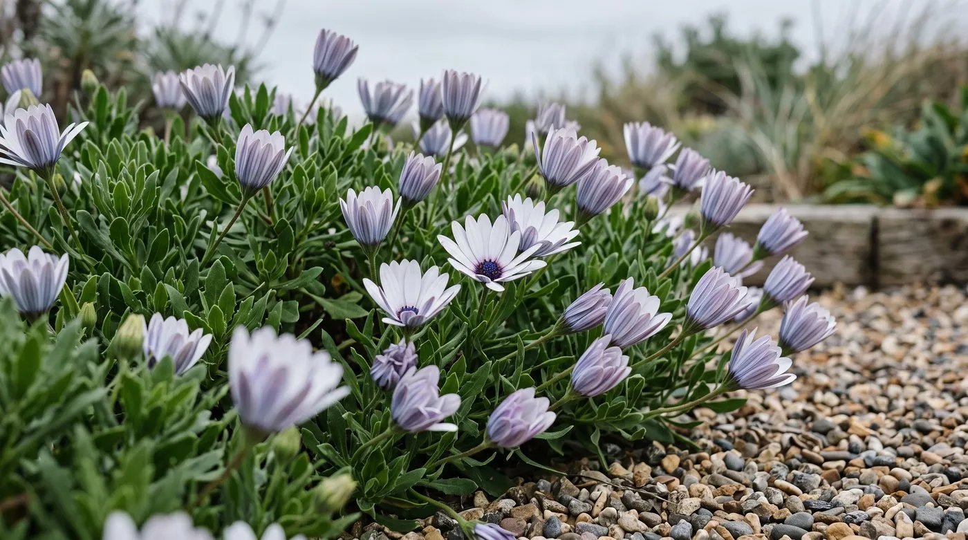 White osteospermum flowers half-closed on a cloudy day, showing lilac petal backs