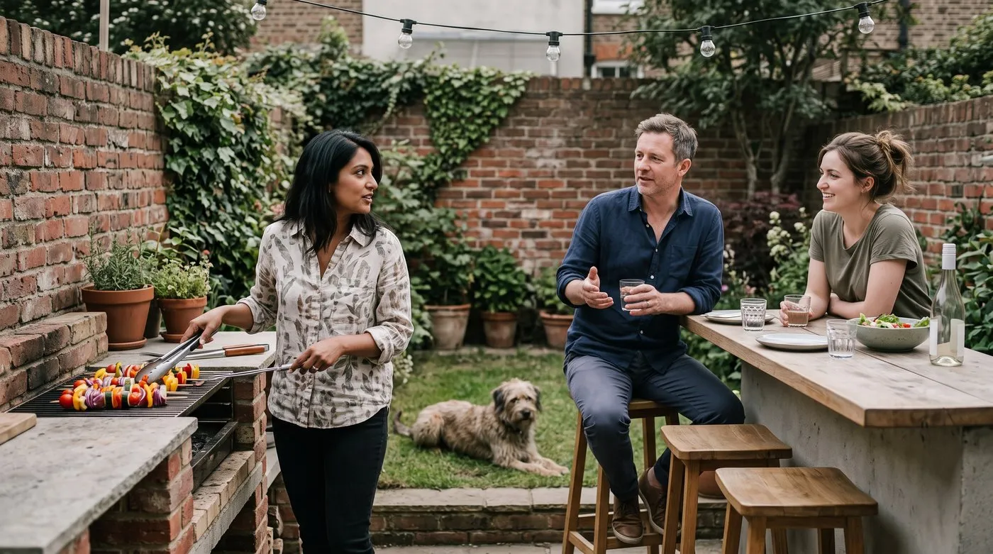 Friends sitting at an outdoor kitchen bar counter chatting with the cook at the grill
