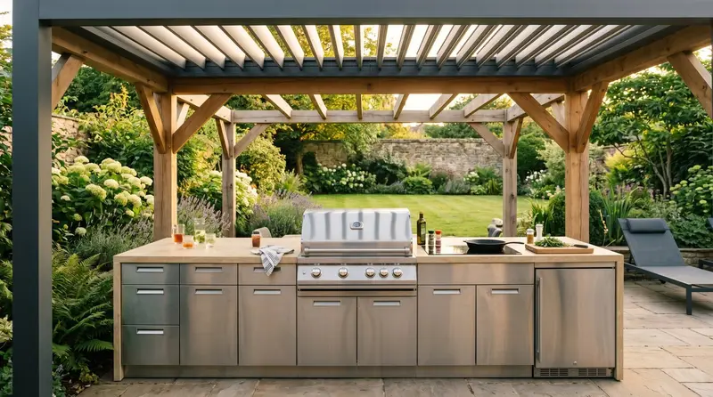 Modern UK outdoor kitchen under a covered pergola with built-in gas grill