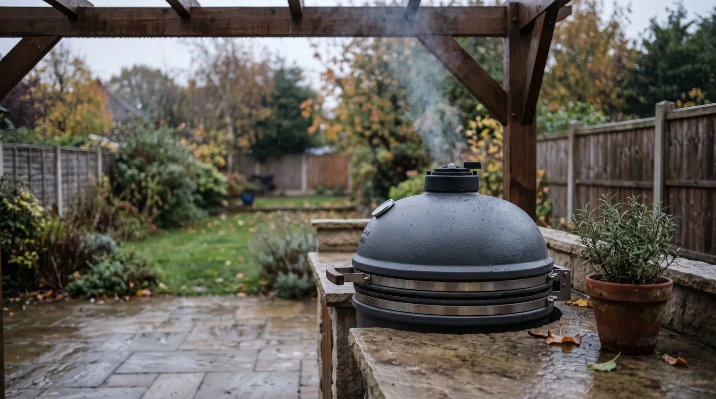 Ceramic kamado grill set into an outdoor kitchen worktop under a pergola on a drizzly evening