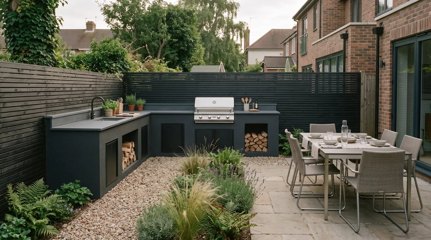 L-shaped outdoor kitchen with separate cooking, prep and dining zones on a garden patio