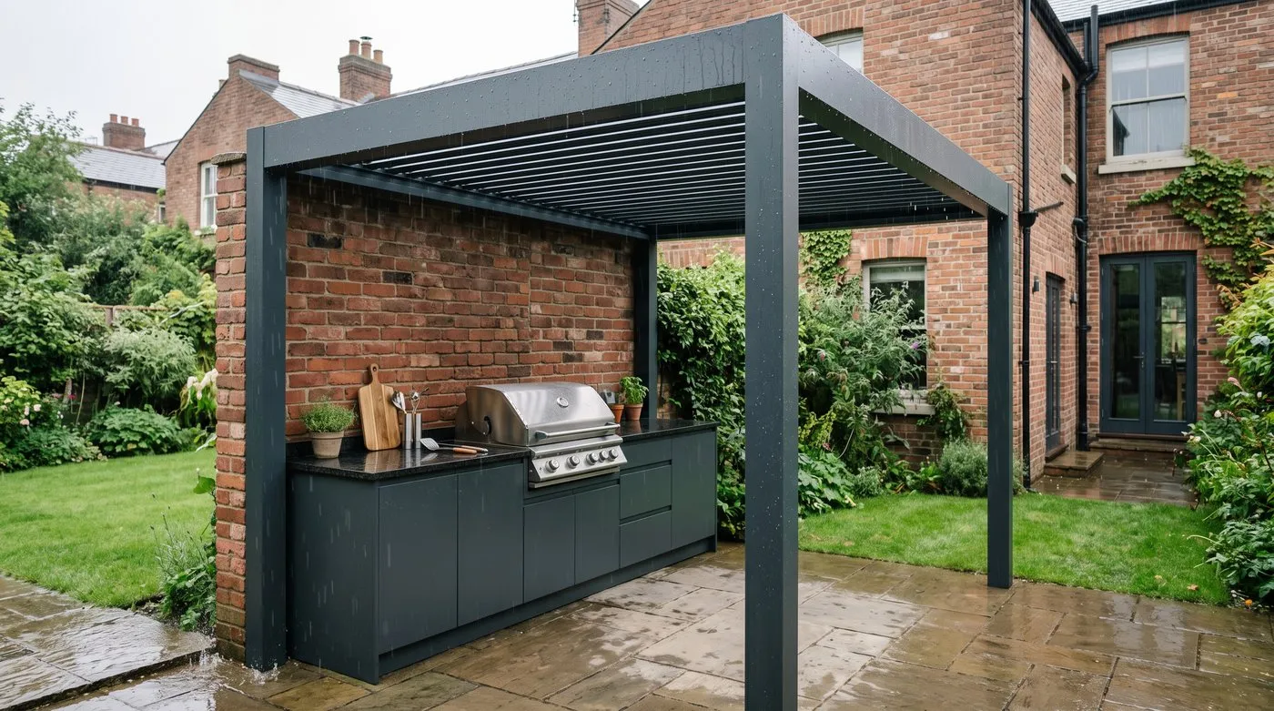 Outdoor kitchen under a louvred pergola roof that keeps the grill and worktop dry in rain