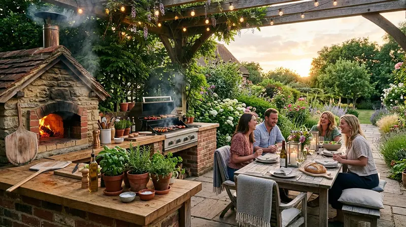 Outdoor kitchen and BBQ area with built-in pizza oven in a UK garden at golden hour