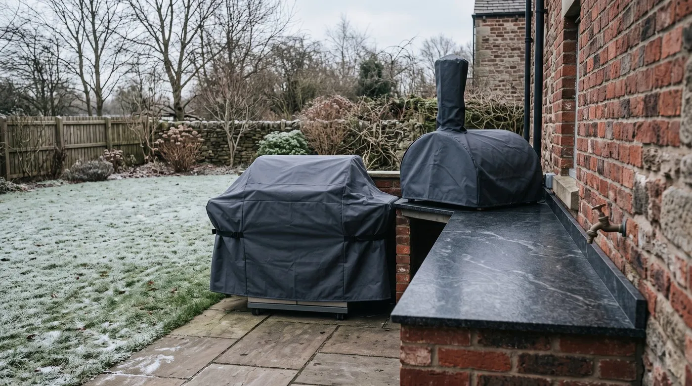Outdoor kitchen grill and pizza oven under fitted covers on a frosty winter morning