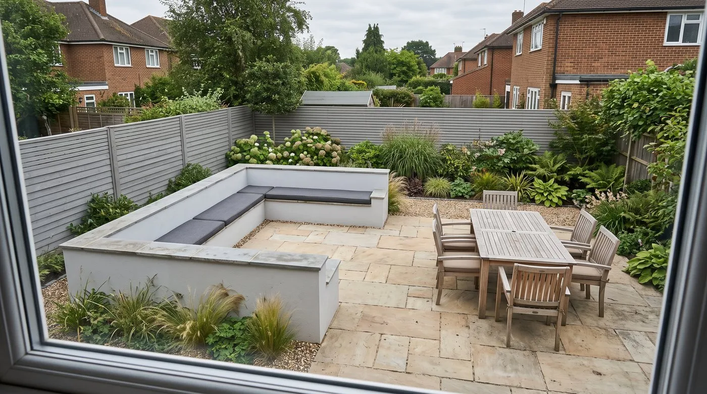 Built-in rendered bench along one side of a Surrey patio with a movable dining set on the open paving beside it
