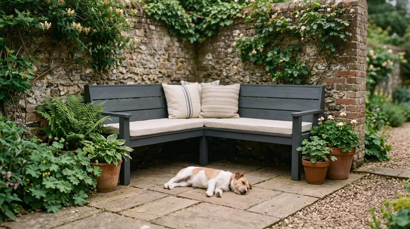 Fitted corner bench with cushions tucked into a small courtyard corner with a dog lying on the paving beside it