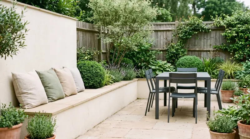 Outdoor seating ideas in a Surrey suburban garden, a rendered built-in bench with cushions beside movable dining chairs on a