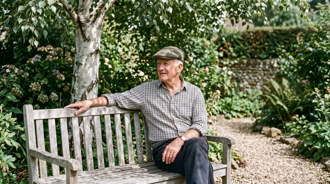 A white British man in his seventies sitting on a timber garden bench in dappled shade under a tree