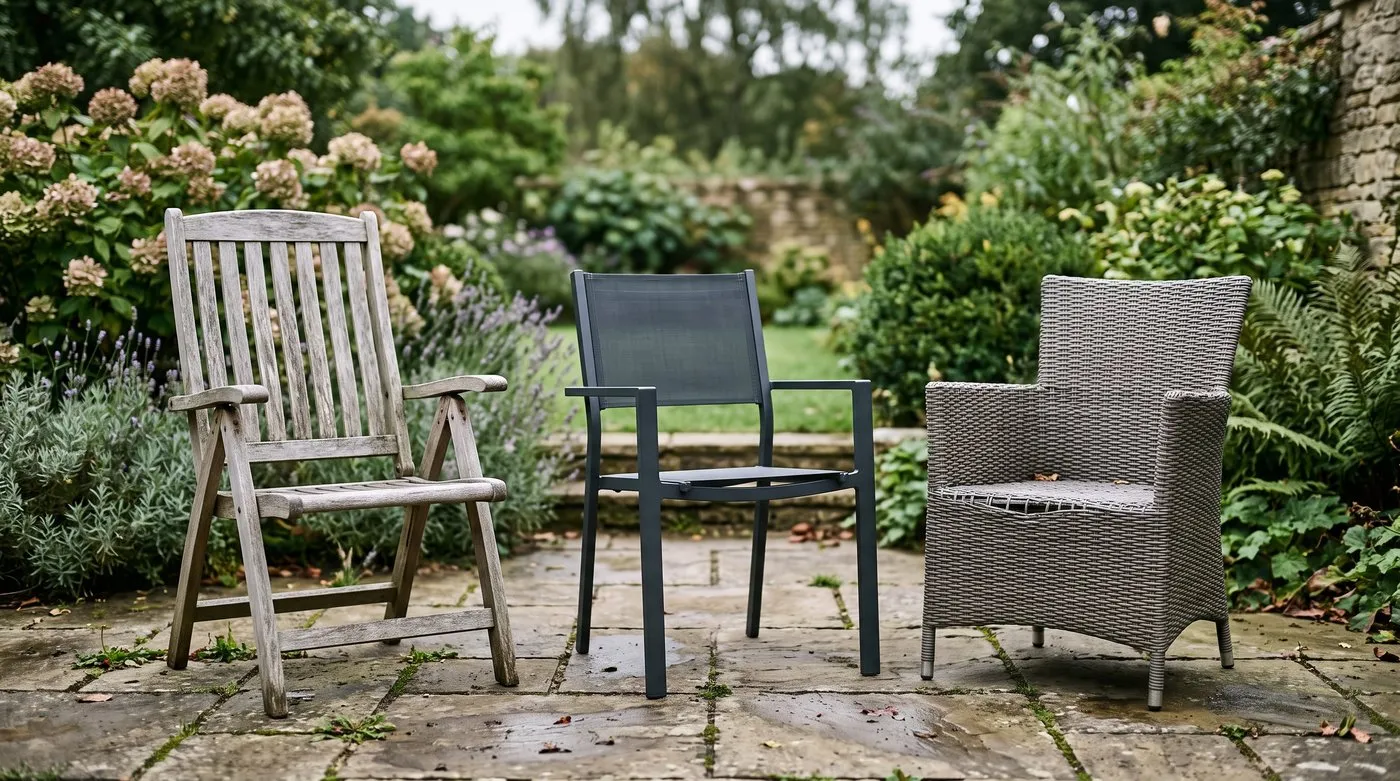 Weathered teak, powder-coated aluminium and PE rattan furniture on a patio showing different ageing after five years