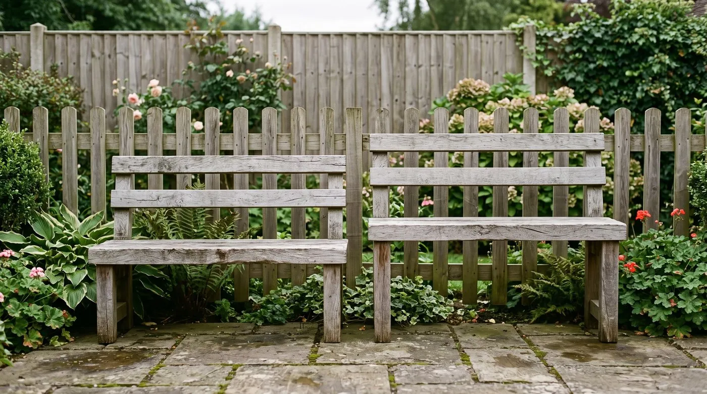 Two garden benches side by side at different seat heights showing correct and incorrect proportions