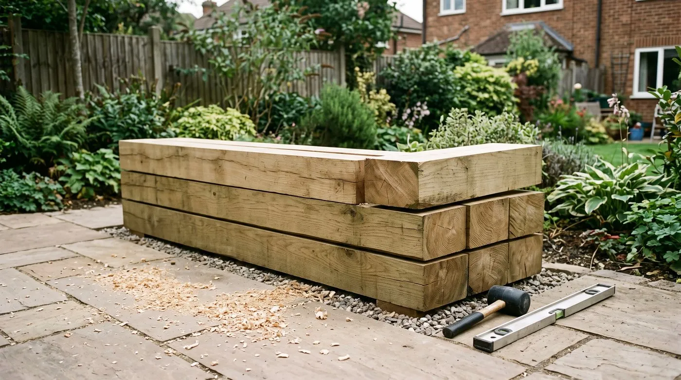 Oak sleeper bench part-built on a compacted base in a suburban garden showing the stacked courses