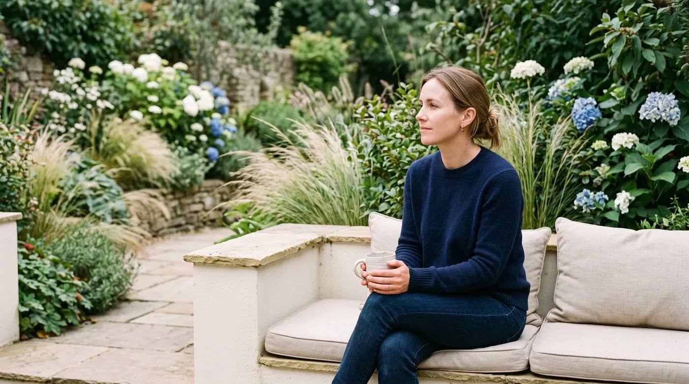 A white British woman in her thirties sitting on a rendered built-in bench with a mug in a Surrey suburban garden