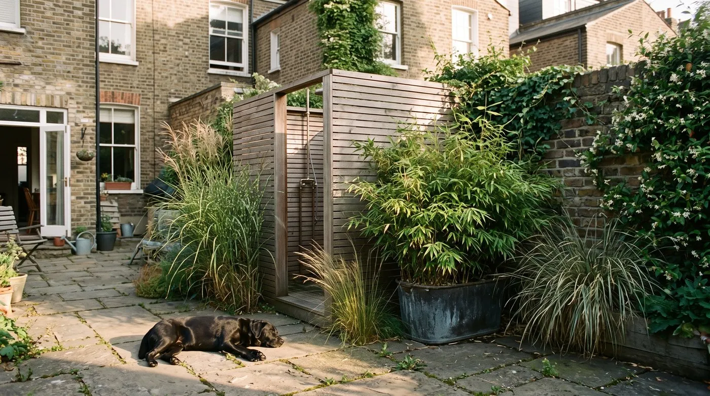 Slatted timber shower enclosure screened by grasses and potted bamboo in a courtyard, with a dog nearby