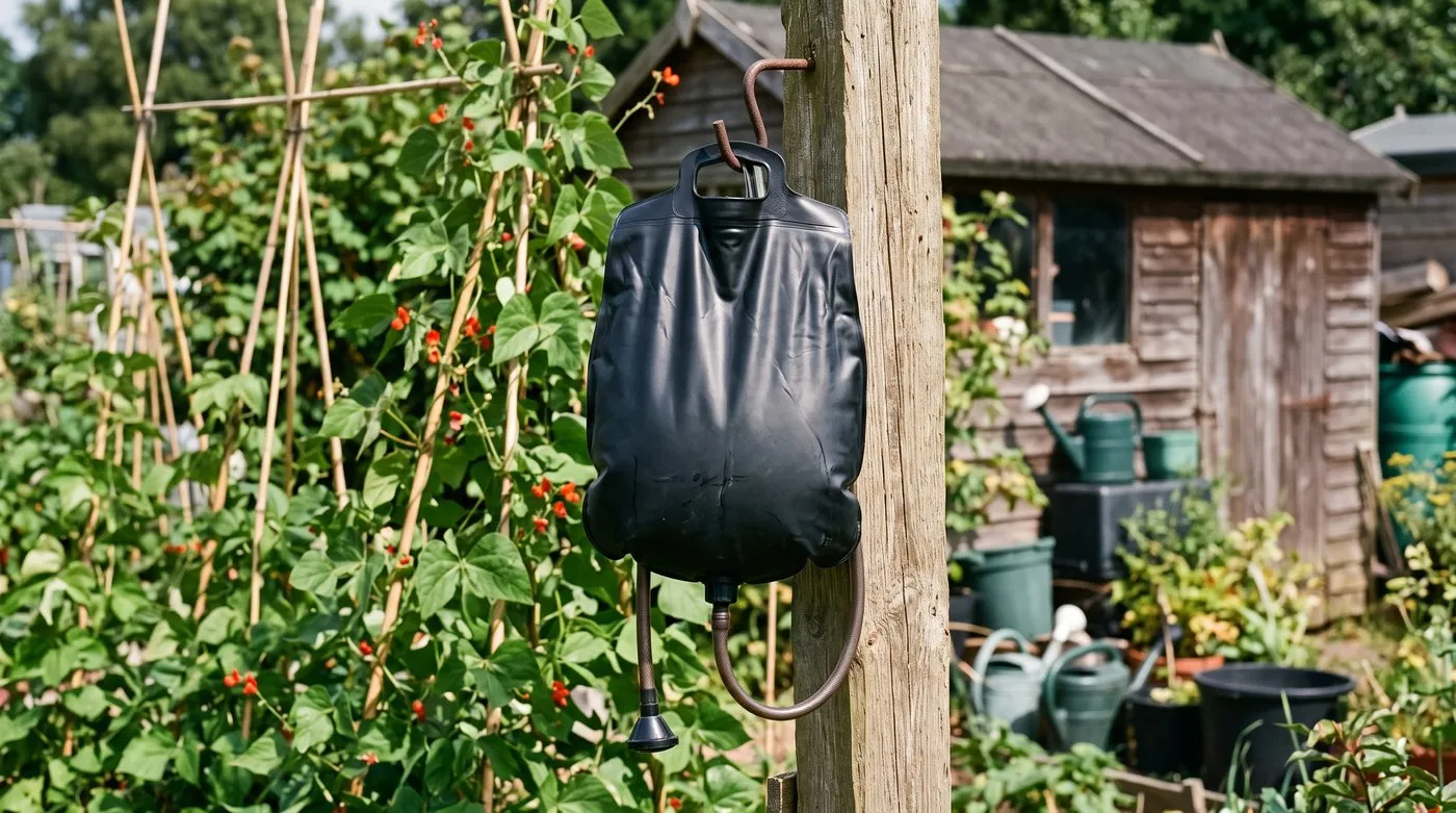 Plain black solar shower bag hanging on a sunny fence post on an allotment