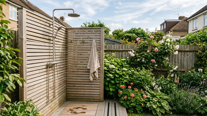 Stainless steel outdoor shower set in a timber-screened enclosure in a sunny UK garden in summer