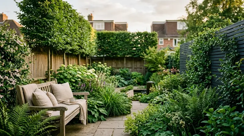Private screened UK back garden with pleached hornbeam, a slatted screen and a cocooned seating area