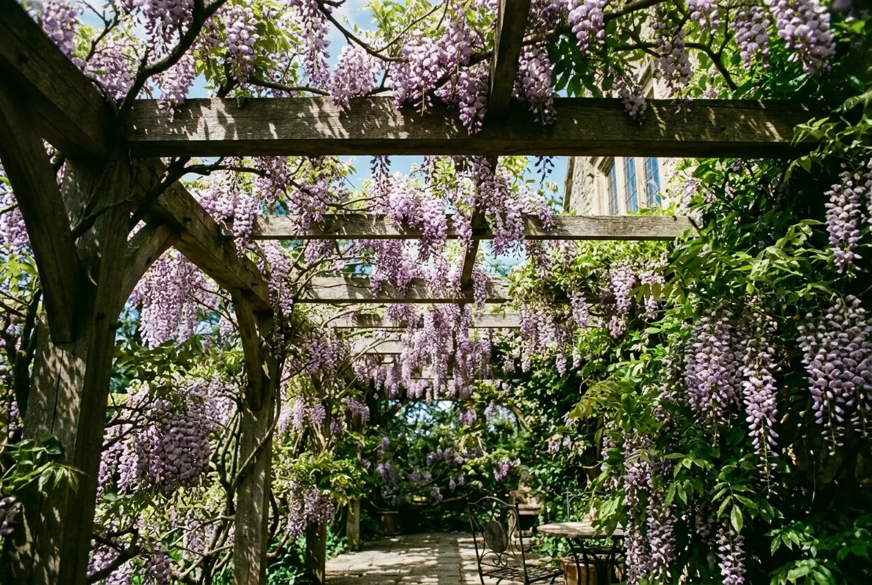 Overhead timber pergola with climbing wisteria creating a leafy ceiling against upper-window overlooking in a UK garden