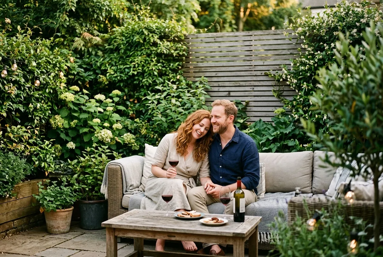 A couple relaxing privately on a patio screened by greenery on a summer evening in a UK garden