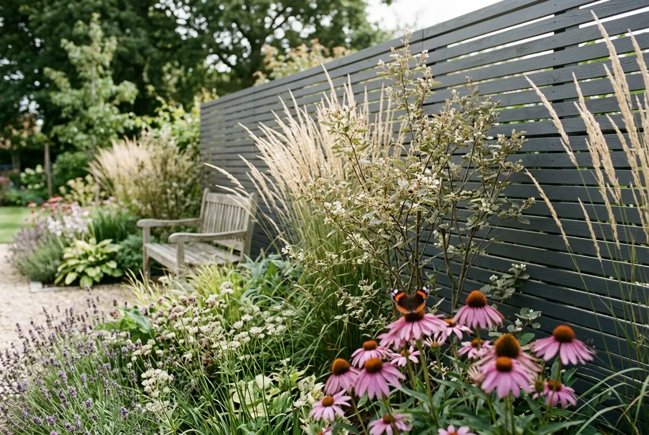 Modern slatted hardwood privacy screen with planting in front and a butterfly in a UK garden
