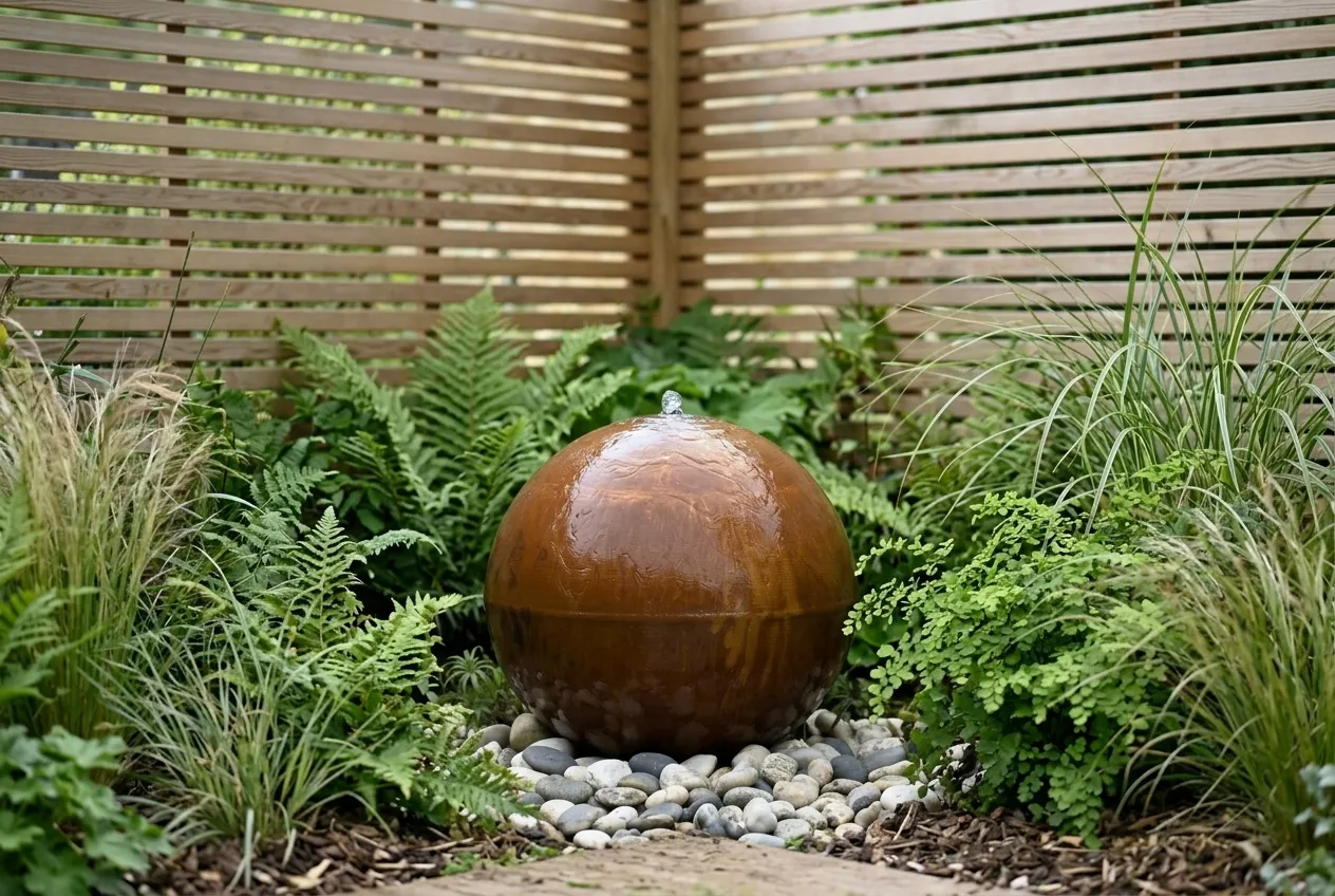 Corten steel sphere water feature with a film of water in a private screened garden corner among ferns and grasses