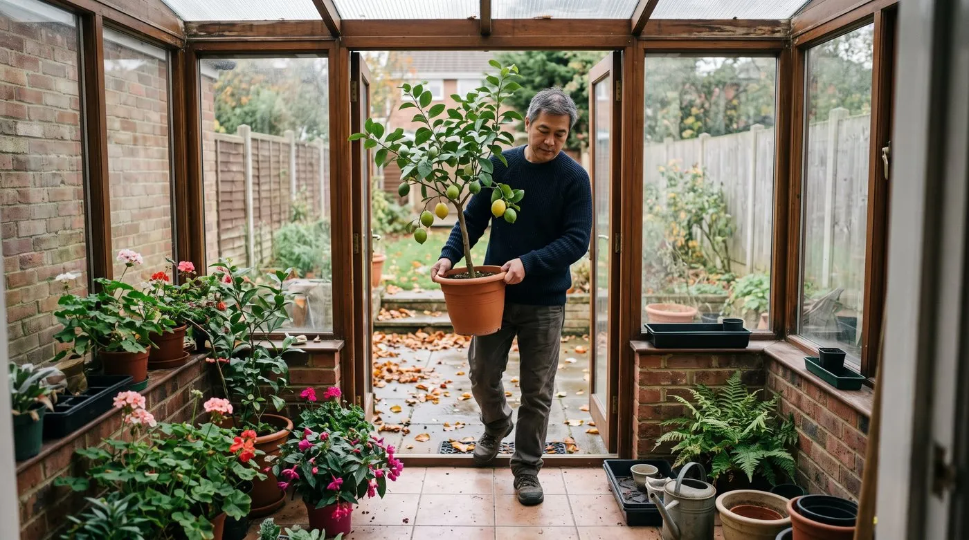 Man carrying a potted lemon tree from the patio into a cool conservatory for winter