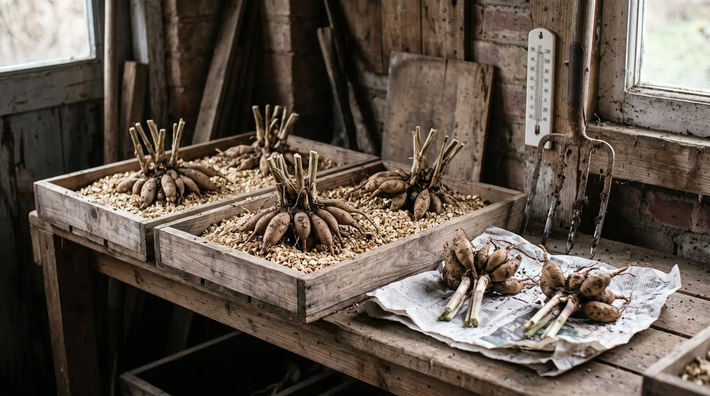 Dahlia tubers stored in trays of vermiculite on a shelf in a frost-free garage