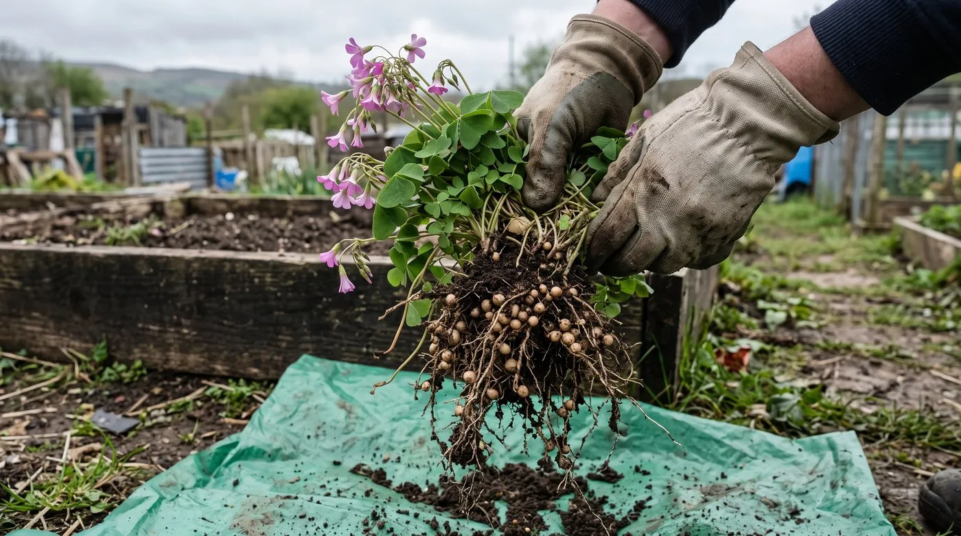 Gloved hands lifting a pink oxalis clump with tiny pale bulbils onto a sheet