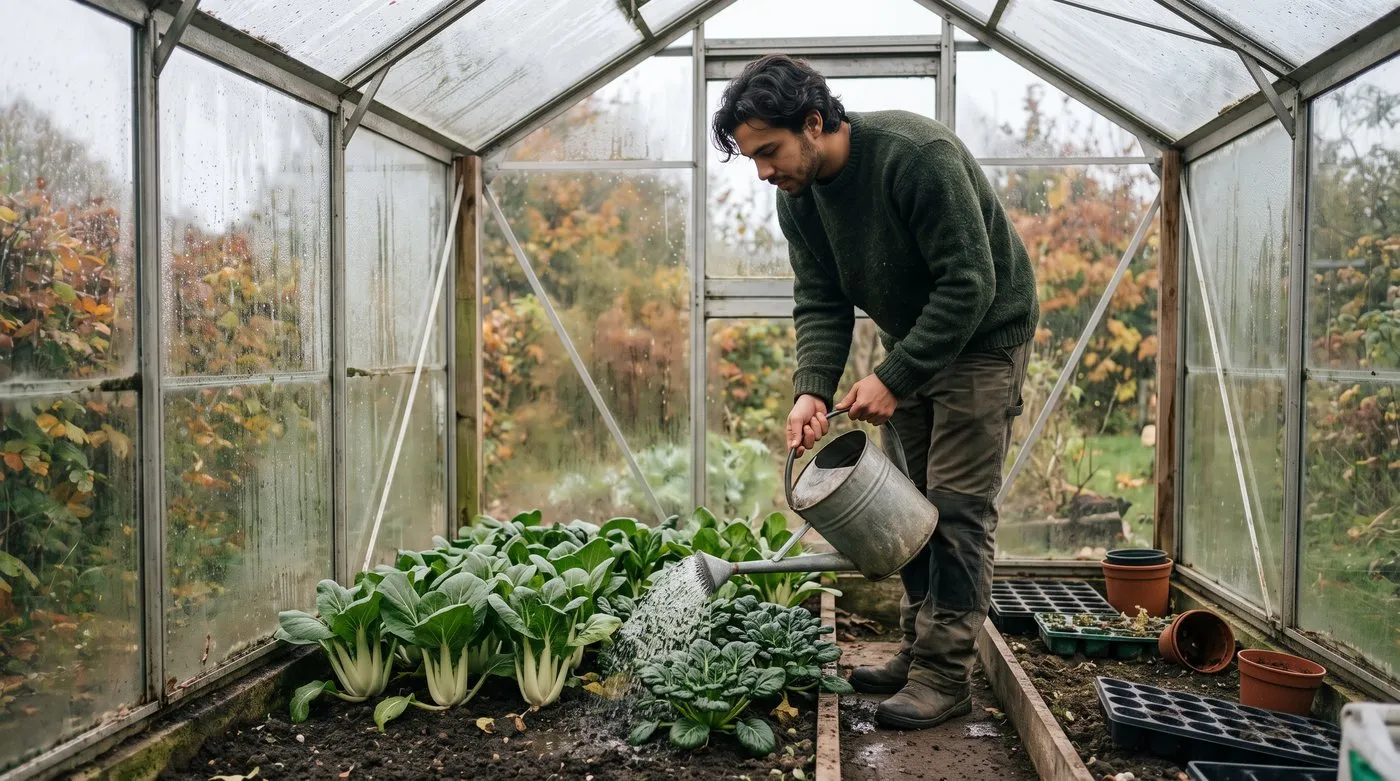 Man watering pak choi and tatsoi growing in a greenhouse border in autumn