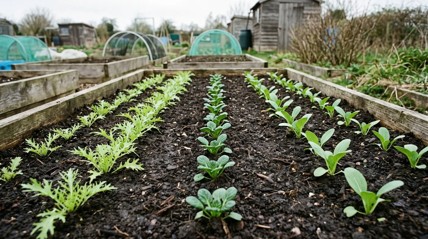 Rows of baby mizuna, tatsoi and pak choi sown direct in a raised allotment bed
