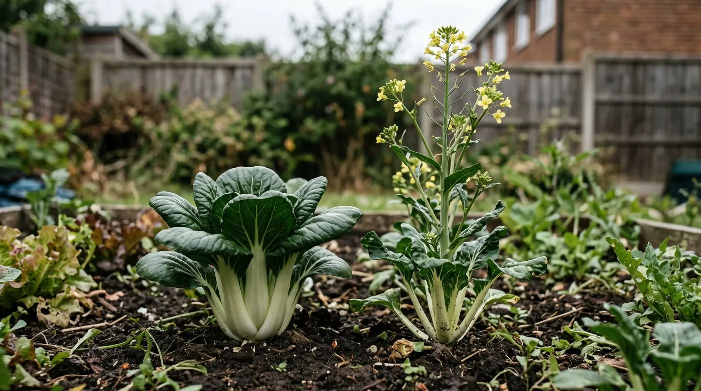 A compact pak choi head next to a bolted plant with a tall stalk and yellow flowers