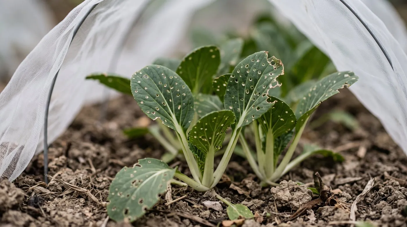 Pak choi leaves riddled with small round holes from flea beetle damage