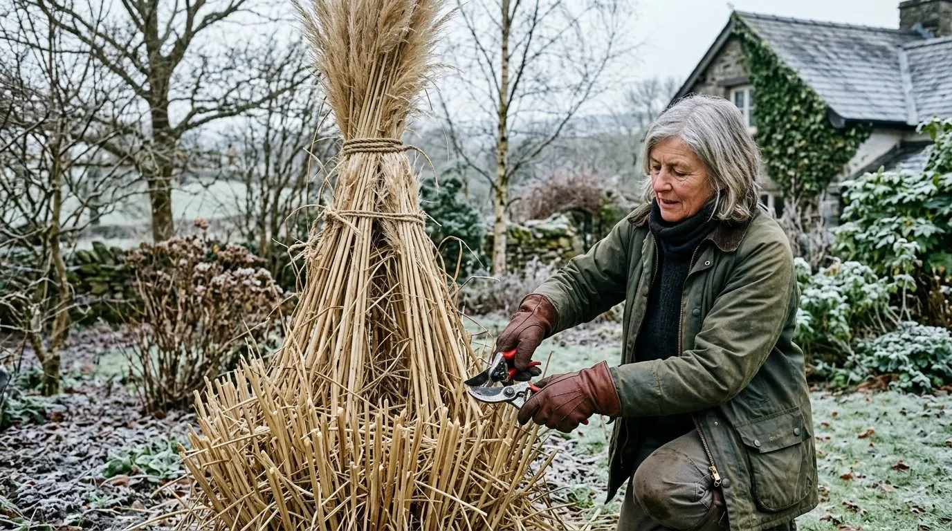Gardener in gauntlet gloves cutting back a tied pampas grass clump in late winter