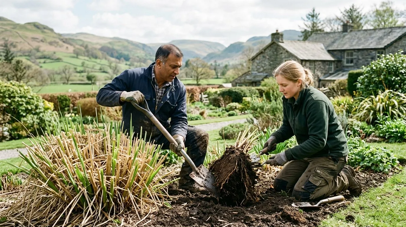 Two gardeners dividing a pampas grass clump with spades in a spring garden