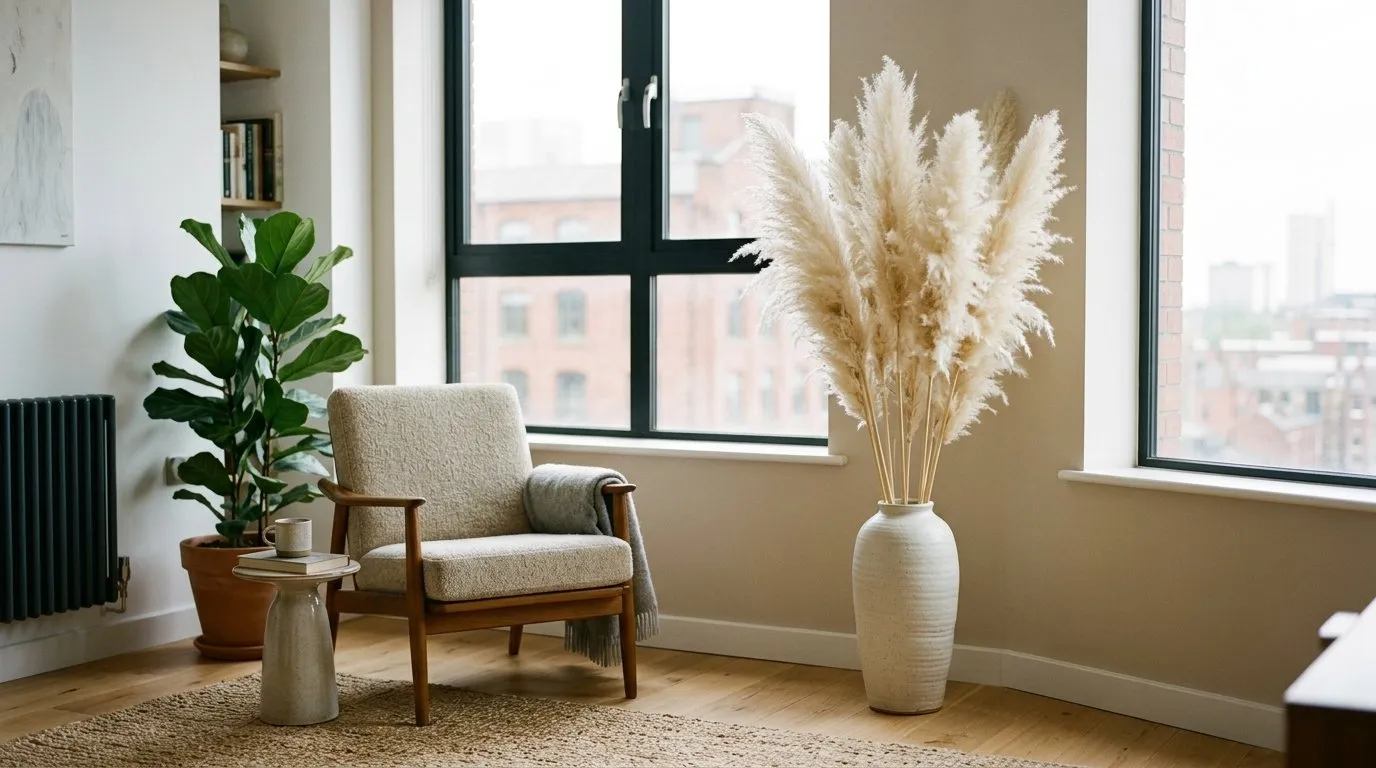 Dried pampas grass plumes arranged in a tall vase in a modern city flat