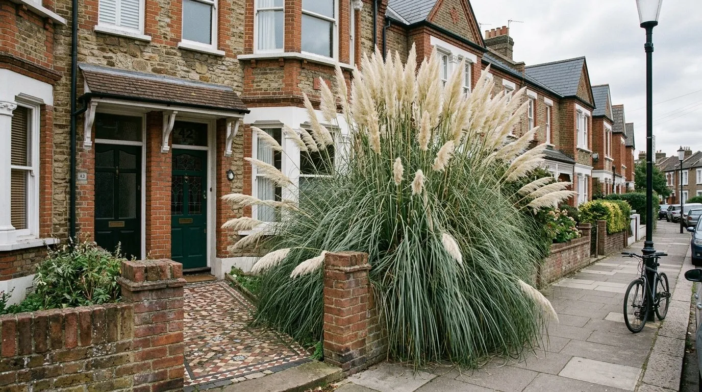 Overgrown pampas grass swamping a small terraced house border in the UK