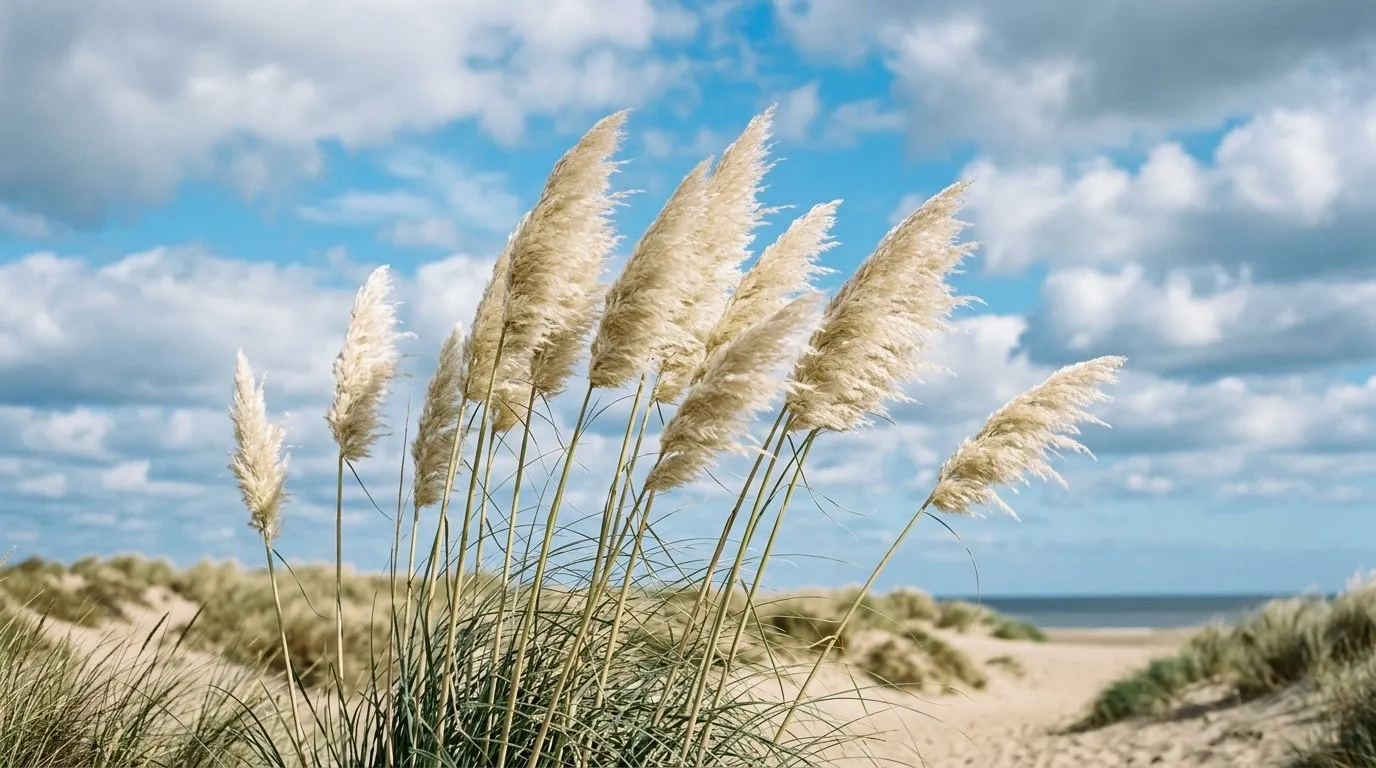 Pampas grass plumes swaying against a bright coastal sky on the Norfolk coast