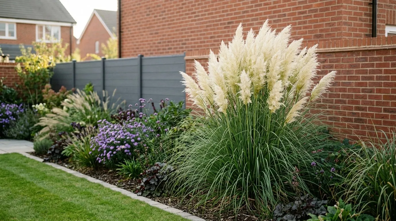 Dwarf Pumila pampas grass flowering in a small modern new-build garden border