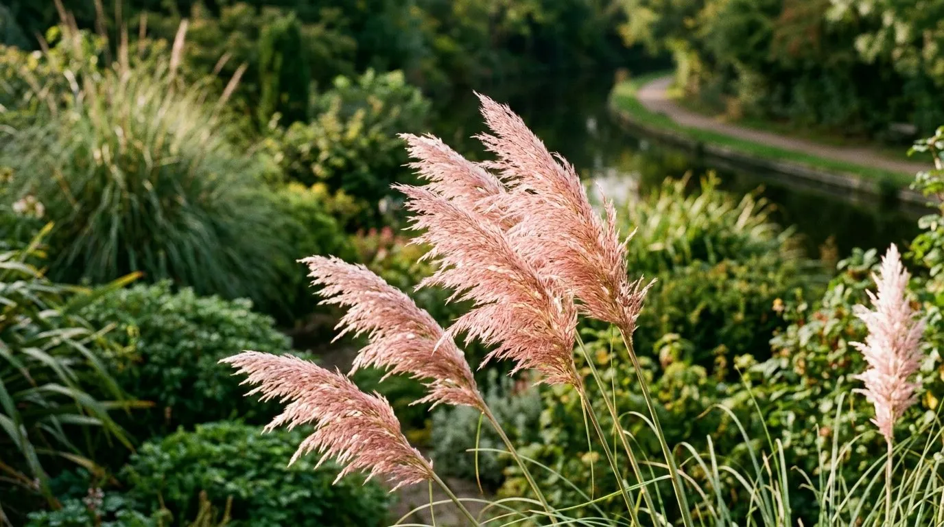 Pink-flushed Rosea pampas grass plumes in close-up against green foliage in a UK garden