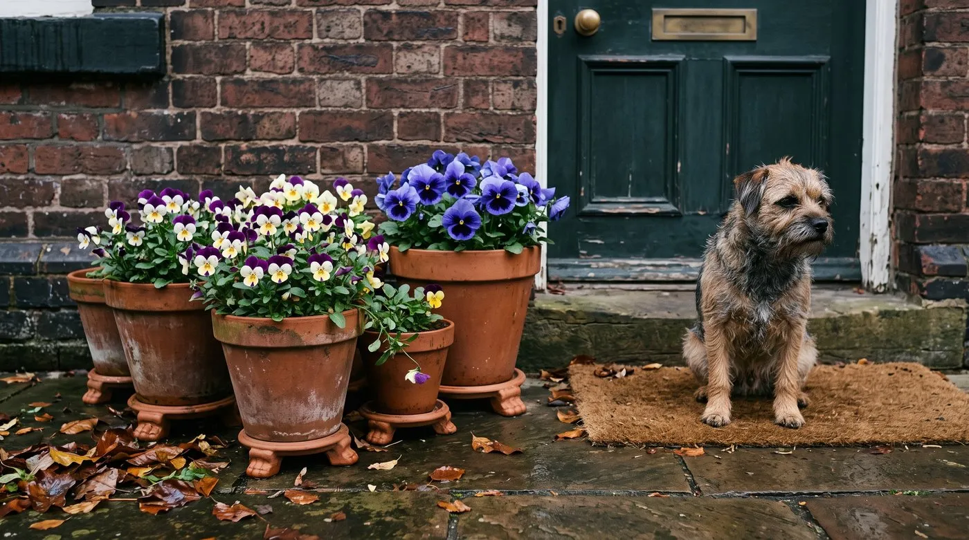 Terracotta pots of winter violas and pansies on a front doorstep with a terrier sitting nearby