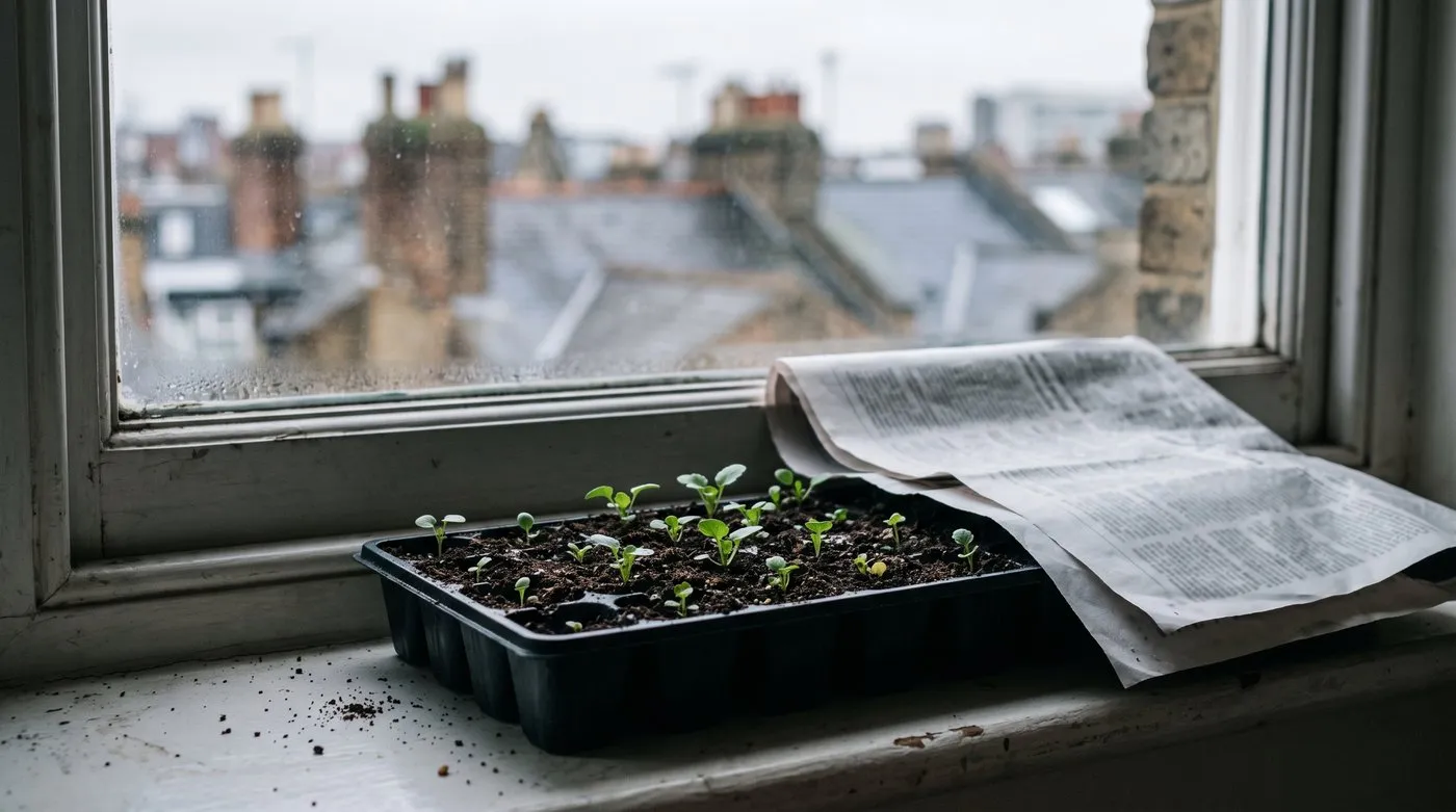 Young pansy seedlings in a cell tray on a windowsill with the dark cover just removed